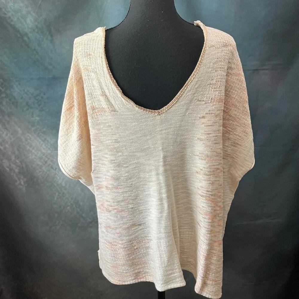 Free People Womens Medium Cream Space Dye V-Neck Knit Top‎ Cotton Linen Blend